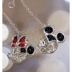 Official DISNEY Minnie & Mickey Mouse Fine Silver Plated Crystal Charm Necklace